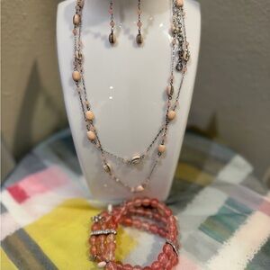CABI Delicate Pink Bead Layered Necklace & Earrings Set plus Bracelet